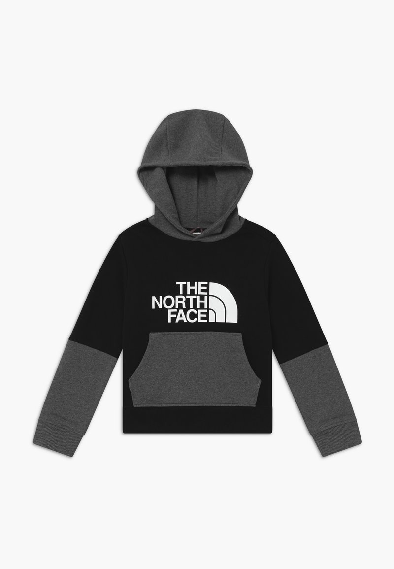 Svart och grå hoodie med en framficka, ribbade manschetter och en stor vit logografik på bröstet.