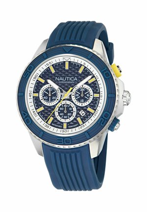 Montre chronographe Nautica avec cadran texturé bleu, accents jaunes, trois sous-cadrans, guichet de date, lunette bleue et bracelet en silicone bleu.
