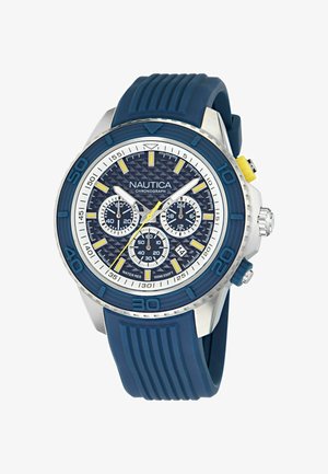 Zegarek naręczny Nautica z chronografem, niebieską teksturowaną tarczą, żółtymi akcentami, trzema subtarczami, okienkiem daty, niebieskim bezelem i niebieskim silikonowym paskiem.