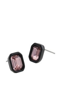 Black stud earrings featuring rectangular, pink faceted stones with a geometric design and silver posts, showcasing a sleek and modern look.