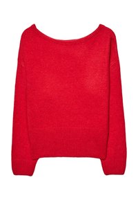 Roter Wollpullover mit weitem Ausschnitt, langen Ärmeln sowie gerippten Bündchen und Saum. Weiche Textur und einfarbig, ohne sichtbare Muster oder Akzente.