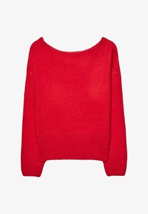 Red knit sweater with wide neckline, long sleeves, and ribbed cuffs and hem. Soft texture and solid color with no visible patterns or accents.