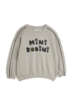 Lysegrå børnesweatshirt med sorte pipingdetaljer på ærmerne, elastiske manchetter og kant samt teksten "MINI RODINI" med små sorte katteansigter.