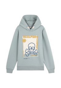 Sudadera de color azul claro hecha de algodón suave, con un gráfico de calavera y huesos cruzados en navy y beige, con capucha ajustable y puños acanalados.