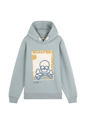 Sudadera de color azul claro hecha de algodón suave, con un gráfico de calavera y huesos cruzados en navy y beige, con capucha ajustable y puños acanalados.
