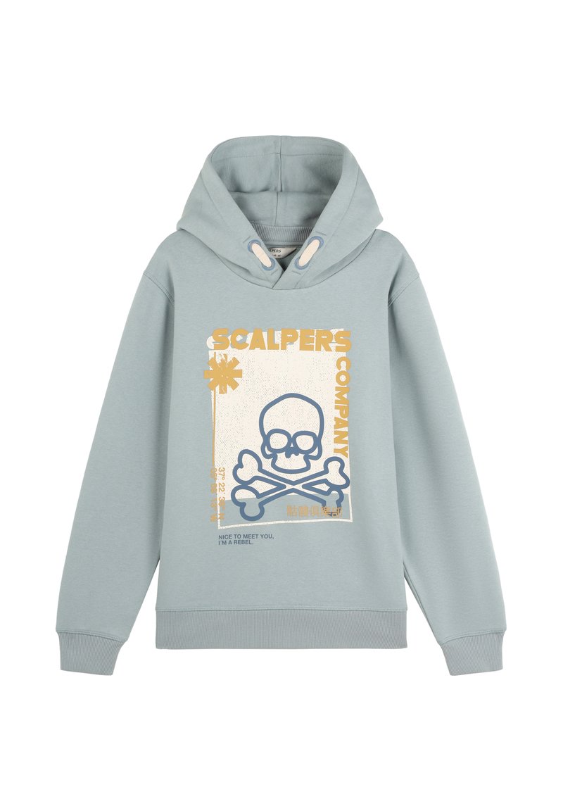 Sudadera de color azul claro hecha de algodón suave, con un gráfico de calavera y huesos cruzados en navy y beige, con capucha ajustable y puños acanalados.