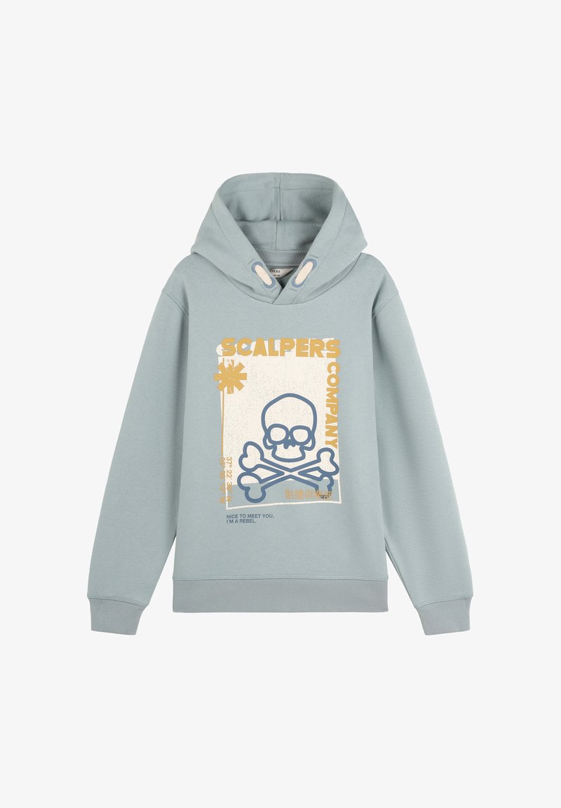 Lichtblauwe hoodie van zacht katoen, met een grafisch ontwerp van een schedel en gekruiste beenderen in marineblauw en beige, met een capuchon met koord en ribgebreide manchetten.