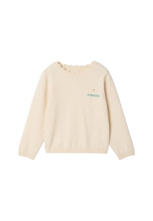 Cremefarbener Langarmpullover mit gewelltem Rundhalsausschnitt und grünem "Adelaide" Text mit kleinem Herz auf der Brust.