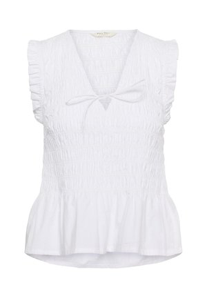 Blusa blanca sin mangas con cuerpo fruncido, mangas cortas con volantes, escote en V, detalle de lazo y cinturilla con peplum.