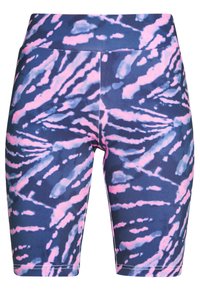 Visokotalasne biciklističke kratke hlače u plavoj i rozoj tie-dye boji. Izrađene od rastezljivog materijala s glatkom teksturom i bez vidljivih metalnih dijelova.