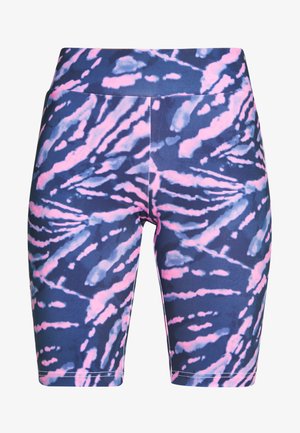 Magas derekú kerékpáros short kék és rózsaszín batikolt mintával. Rugalmas anyagból készült, sima textúrával és látható fémrészek nélkül.