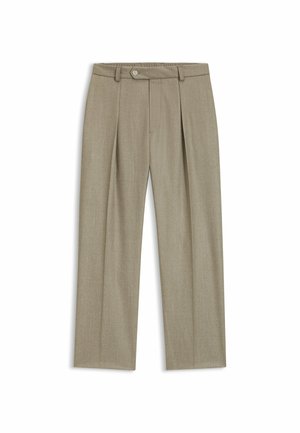 Beige Plissee-Hosen aus einem strukturierten Stoff. Mit einem Knopfverschluss und einer entspannten Passform im weiten Bein-Design.