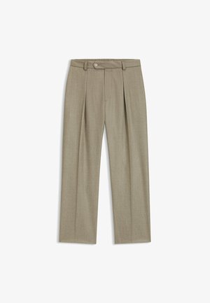 Beige pleated trousers made from a textured fabric. Features a button closure and a relaxed fit with a wide leg design.