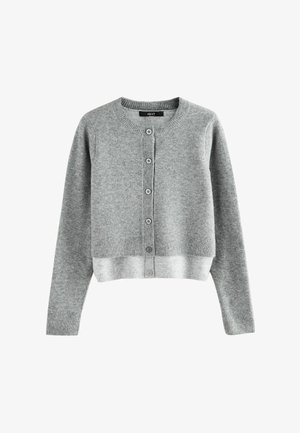 Pelēka adīta kardigāna ar apaļu kaklu, pilna garuma piedurknēm un priekšējiem pogām. Iezīmējas ar nedaudz īsāku piegriezumu un ribotu apakšmalu.