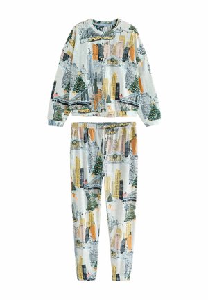 Two-piece pajama set featuring a light gray fabric, illustrated with cityscapes, trees, and buildings in yellow, green, and black.