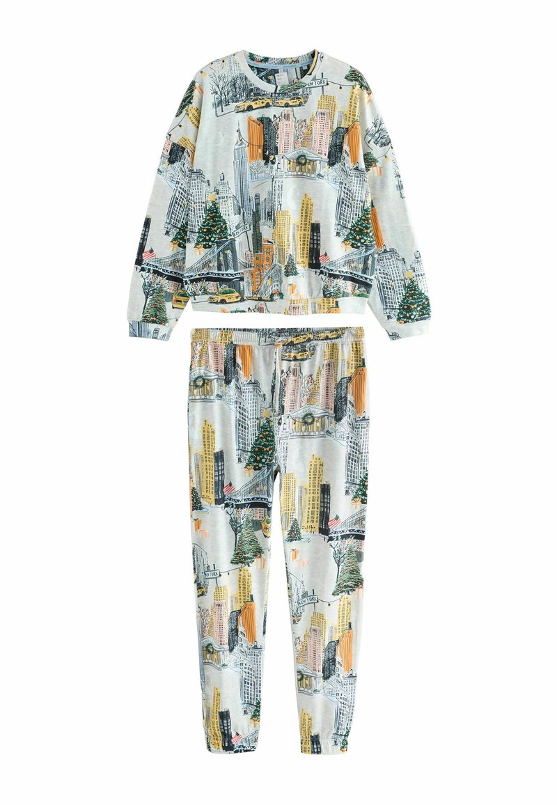 Two-piece pajama set featuring a light gray fabric, illustrated with cityscapes, trees, and buildings in yellow, green, and black.