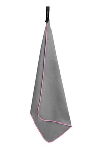 Gray microfiber towel with a pink edge trim, designed in a triangular shape, featuring a hanging loop for easy storage.