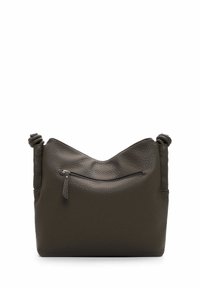 Brown leather bag with a textured finish, featuring a curved top and a front zip pocket. Accented with knotted shoulder straps.