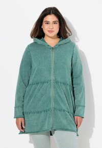 Türkise Zip-Hoodie aus weichem Stoff mit einem gestuften Rüschendesign an der Taille und einer Kapuze. Verfügt über lange Ärmel und einen Reißverschluss vorne.