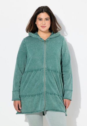 Felpa teal con zip, realizzata in tessuto morbido, con un design a rouches a strati in vita e cappuccio. Presenta maniche lunghe e chiusura frontale con zip.