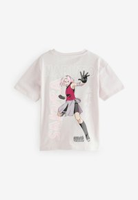 Šviesiai rožinė medvilninė marškinė su veikiančio personažo grafika, kurioje užrašai "NARUTO" ir "SAKURA" baltomis ir juodomis akcentų spalvomis.