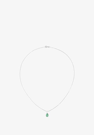 Hõbedast kett-kaelakee õhukese ja siledapinnalise tekstuuriga, millel on tilgakujuline roheline vääriskivi ripats. Sisaldab kinnituse detaili.