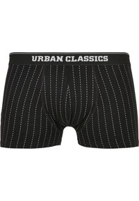 Schwarze Boxershorts mit weißen Streifen, ausgestattet mit einem elastischen Bund mit dem Aufdruck "URBAN CLASSICS". Hergestellt aus weichem, dehnbarem Material.
