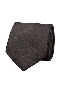 Mörkgrå slips med paisleymönster, tillverkad av texturerad tyg. Rullad form, slät finish och eleganta designdetaljer.