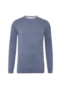 Langärmliger blauer Rundhalsausschnitt-Pullover mit gerippten Bündchen und Saum, schlichter Design und dezentem Markenlogo auf der Brust.