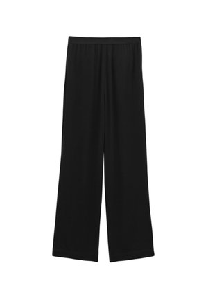 Schwarze, weite Hosen mit einem elastischen Bund. Aus leichtem Stoff gefertigt, mit einer glatten Textur und ohne sichtbare Muster oder Akzente.