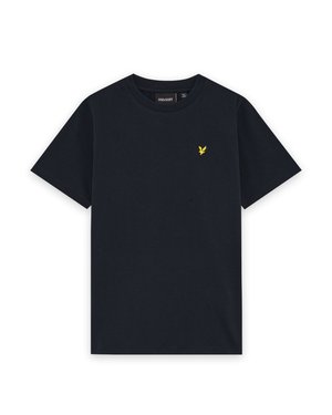 Camiseta azul marino de manga corta con cuello redondo, con pequeño logo amarillo de pájaro en el pecho izquierdo y etiqueta de Lyle & Scott en el interior del cuello.