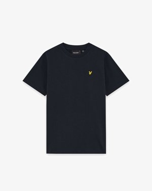 Mørkeblå t-shirt med korte ærmer og rund halsudskæring, med lille gult fuglelogo på venstre bryst og Lyle & Scott mærke inde i kraven.