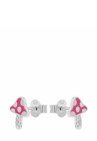 Orecchini argentati a forma di fungo con accenti rosa e pois bianchi. Texture liscia, con design a perno per una vestibilità sicura.