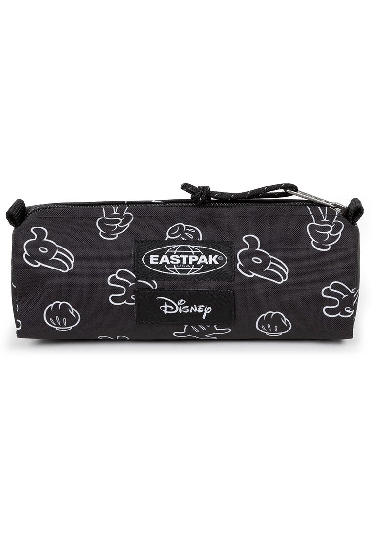 Zwarte etui met witte contouren van Disney-figuren, met ritsluiting en Eastpak-logo op een gestructureerde stof.