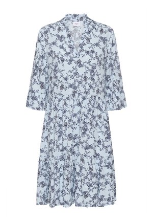 Hele sinine lilleline kleit v-kaelusega, kolmeveerandvarrukatega, kihilise seelikuga ja tume siniste lillemustritega üle kogu kleidi. Pehme kangatüüp.