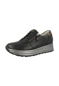 Black leather sneaker with textured upper, silver wedge sole, and black rubber outsole. Features a zipper and leopard print lining.