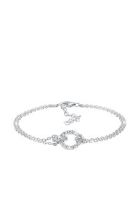 Sølvringe armbånd med en cirkulær lås prydet med klare sten, intrikate led og en justerbar lukning for en personlig tilpasset pasform.