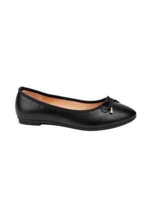 Ballerine noire en cuir avec bout arrondi et nœud décoratif avec embouts dorés sur le dessus, doublure intérieure beige et petit talon plat.