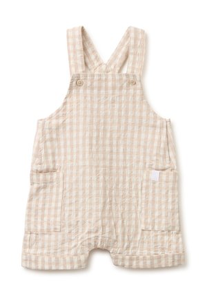 Beiger und weiß karierten Baby-Strampler mit verstellbaren Schulterriemen, vorderen Knöpfen und zwei vorderen Taschen.