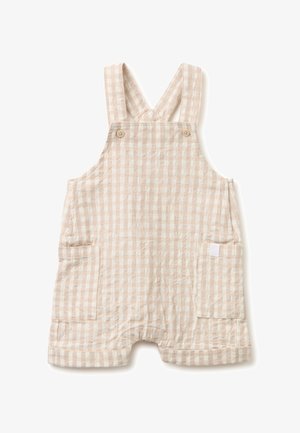 Beżowy i biały kombinezon dla niemowląt w kratkę z regulowanymi ramiączkami, guzikami z przodu i dwoma przednimi kieszeniami.