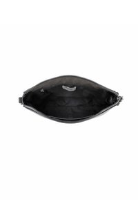 Borsa a pochette nera in pelle con chiusura a zip. Interno foderato in tessuto nero. Texture liscia con un piccolo etichetta del marchio visibile all'interno.