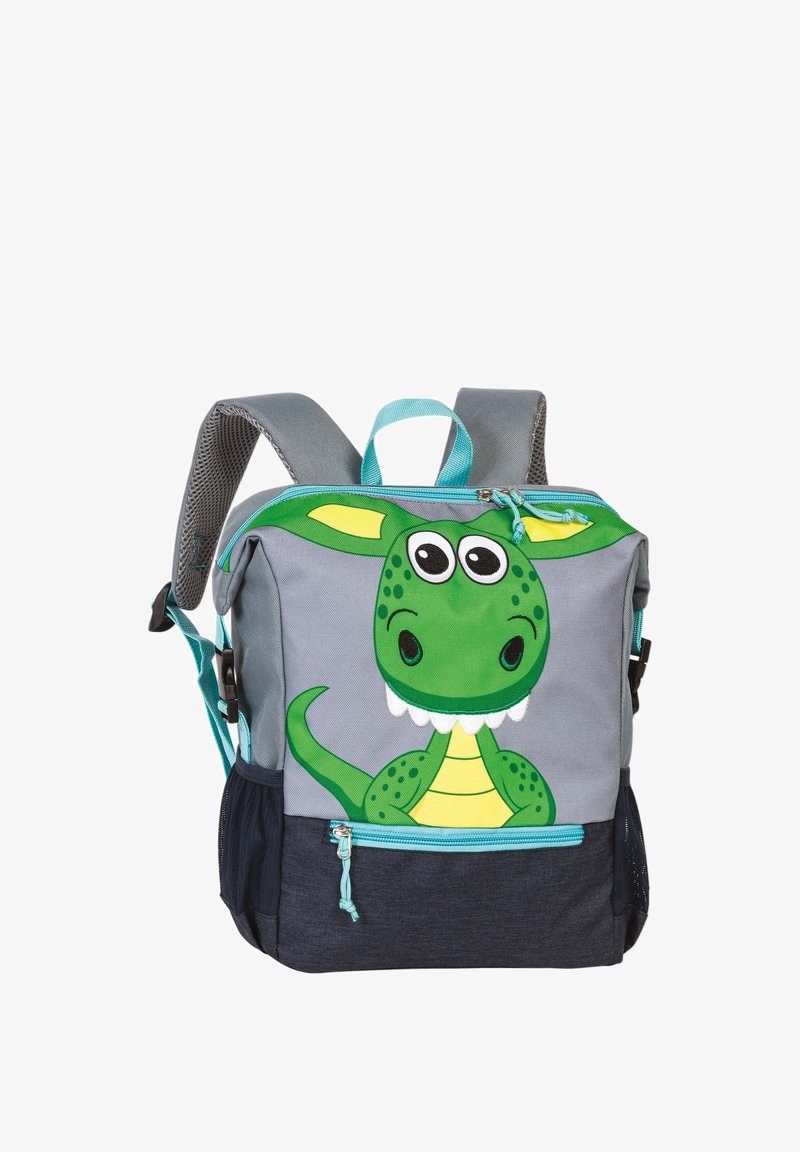 Kinderrucksack mit grauem Körper, grünem Dinosaurierdesign, blauen Akzenten, einem Handgriff oben und Netz-Schultergurten. Verfügt über Reißverschlusstaschen.