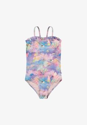 Maillot de bain une pièce avec une scène sous-marine colorée, mettant en avant des poissons et des motifs de corail. Le matériau est extensible, avec des bretelles froncées et un fond lilas.