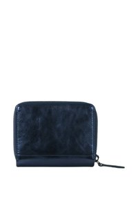 Portafoglio in pelle nera con una consistenza morbida, chiusura a zip, forma rettangolare e design minimalista. Le rifiniture includono un piccolo tirazip.