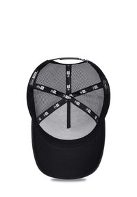 Black cap showcasing a structured design with a mesh lining and a curved visor. Interior features labels and a central seam for stability.