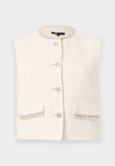 Λευκό αμάνικο γιλέκο από τουίτ με διακόσμηση από πέρλες και στρας στο γιακά και τις τσέπες, στολισμένο με διακοσμητικά κουμπιά μπροστά.