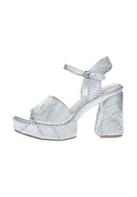 Sandali platform in argento con una finitura metallica testurizzata, design con punta aperta, cinturino alla caviglia regolabile e tacco a blocco largo.