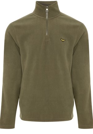 Sudadera de forro polar verde oliva con media cremallera y un pequeño logo amarillo en el pecho. Mangas largas y una superficie suave y texturizada.