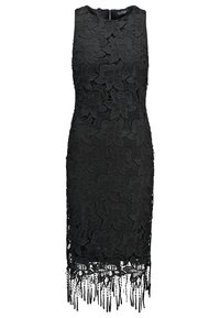 Robe en dentelle noire avec motif floral, design sans manches et détail de franges à l'ourlet. Le tissu présente une finition texturée et une silhouette ajustée.