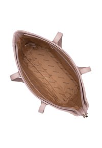 Ljusrosa handväska med en slät yta och ett rymligt, mönstrat inre. Har robusta handtag och en zip-ficka.